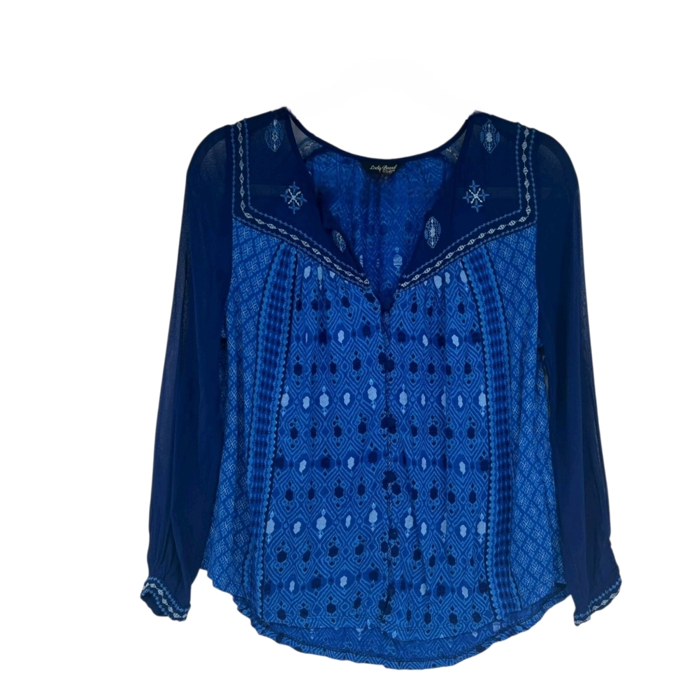 Lucky Brand Blue Embroidered Boho High Low Top Medium - Picture 2 of 7